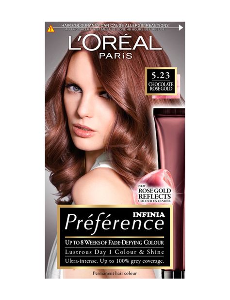 Préférence Infinia - Chocolate Rose Gold Dark Rose Gold Hair, Chocolate Brunette Hair, Colored Locks, Dark Brown Hair Dye, Gold Hair Dye, Rose Gold Hair Dye, Rose Gold Balayage, Gold Hair Colors, Brown Hair Shades