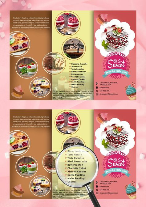 If you want to promote you Bakery shop business then download this eye-catching graphic design brochure template. It has a high-quality layouts, photos and graphic files to attract customers to your shop who will pass by this template. You can edit its design features that include replaceable images, as well as replaceable colors, shapes, text. You can set it up without any problem. For more design , and create your own design by your choice. Connect with us. 9903609509 📲 Malva Pudding, Charlotte Cake, Brochure Design Creative, Business Brochure Design, Brochure Design Layout, Pamphlet Design, Graphic Design Brochure, Black Forest Cake, Sweet Bakery