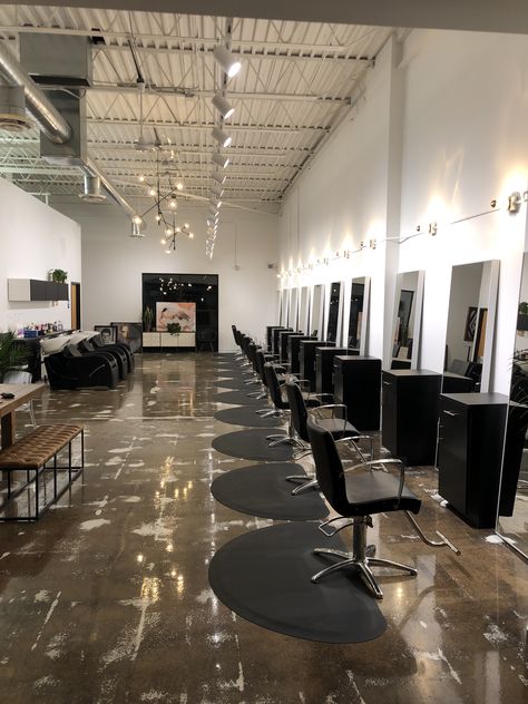 My salon Industrial Hair Salons, Hair Salon Lighting, Salon Flooring, Elegant Barbershop Design, Hair Salon Black And White, Hair Salon Square Mirror, Black And White Barbershop Design, Dark Barbershop Design, Salon Wallpaper