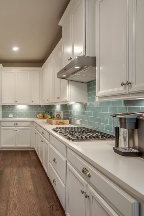 Light And Airy Kitchen Backsplash, White Cabinets Color Backsplash, Color Backsplash Kitchen White Cabinets, Aqua Backsplash Kitchen, Bold Backsplash Kitchen, Teal Backsplash Kitchen, Blue Green Backsplash, White Cabinets Green Backsplash, Teal And White Kitchen