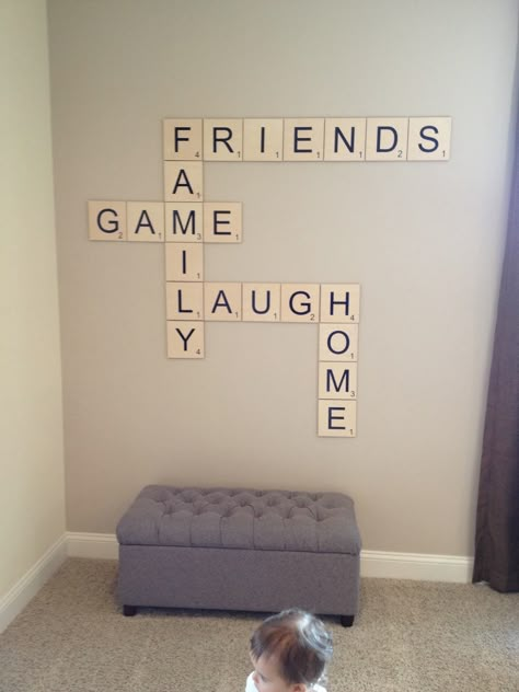 Scrabble wall feature for game room. MomAboutCharlotte.com Rec Room Basement, Gamer Room Diy, Game Room Lighting, Teen Hangout, Basement Games, Family Game Room, Bonus Room Ideas, Hangout Room, Scrabble Wall