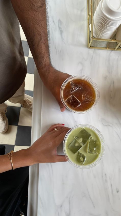 Photo of a two hands one holding coffee & the other matcha in a cute cafe Couple Poses Reference Cute, Coffee Matcha Aesthetic, Cafe Couple, Love Holding Hands, Dp Couple, Date Couple, Instagram Feed Goals, Matcha Aesthetic, Coffee Matcha