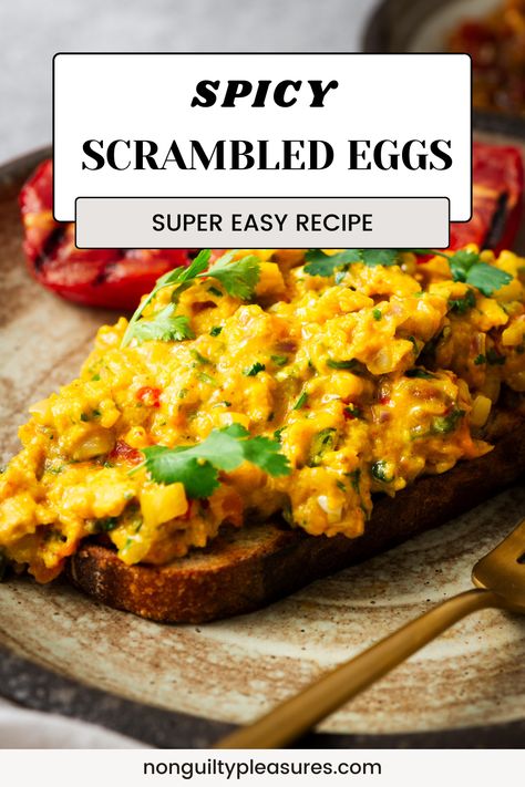 Start your day with a kick with these perfectly spiced scrambled eggs! This easy recipe combines soft scrambled eggs with turmeric, chili powder, diced tomatoes, and fresh chillies for a delicious spicy breakfast dish.  This quick and easy recipe will satisfy your cravings for a perfect spicy egg breakfast with these lightly scrambled eggs. Give it a try today! Tumeric Eggs Scrambled, Curry Eggs Scrambled, Chili Scrambled Eggs, Chilli Scrambled Eggs Recipe, Scrambled Egg Recipes, Egg Recipes Indian, Spicy Breakfast, Perfect Scrambled Eggs, Soft Scrambled Eggs