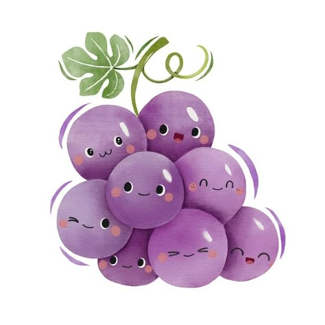 Grape Cartoon Drawing, Kawaii Fruit Drawing, Fruit Cute Drawing, Cute Fruit Art, Fruit Drawing Cute, Grape Character, Cute Fruit Drawings, Grape Cartoon, Cute Fruit Illustration