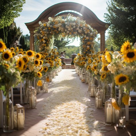 Sunflower Ceremony Decorations, Sunflower Wedding Aisle Decorations, Sunflower Aisle Decor, Yellow Fall Wedding Theme, Lots Of Flowers Wedding, Wedding Colors Sunflower, Sunflower Guest Book Ideas, Meadow Wedding Aesthetic, Sunshine Wedding Theme