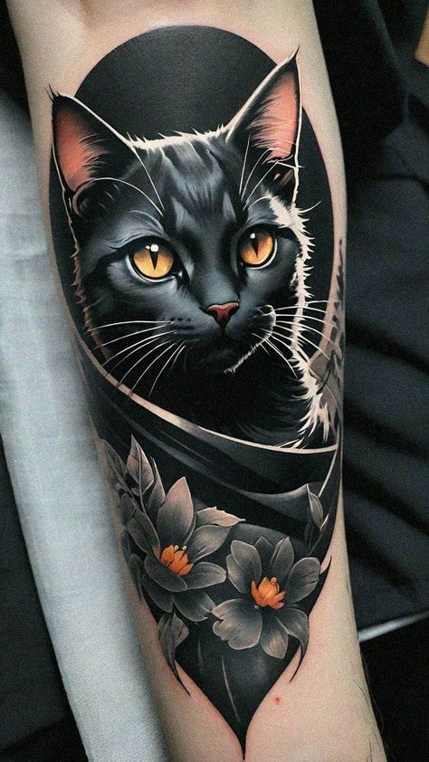 Cat Portrait Tattoos, Cat Tattoo Design, Black Cat Tattoos, Cat Tattoos, Cat Tattoo Designs, Tattoo Design Ideas, Thigh Tattoos Women, Black Cat Art, Leg Tattoo