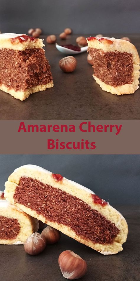 Amarena Cherry Biscuits made with pan di Spagna, Amarena Cherry Jam and chocolate. Amarena Cherry Recipes, Cherry Biscuits, Biscotti Cookies Recipes, Cherries Recipes, Amarena Cherries, Authentic Italian Desserts, Italian Cherries, Cherry Jam, Italian Dessert