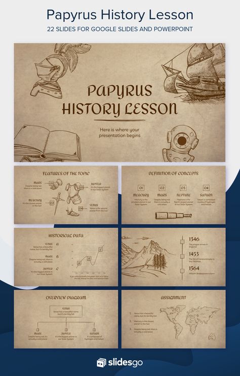 Amaze your students with your history lesson by downloading and customizing this free education theme for Google Slides and PowerPoint Egyptian Papyrus, Free Powerpoint Presentations, Presentation Slides Design, Powerpoint Slide Designs, Presentation Design Layout, Slides Design, Google Slides Theme, Power Points, Powerpoint Design Templates