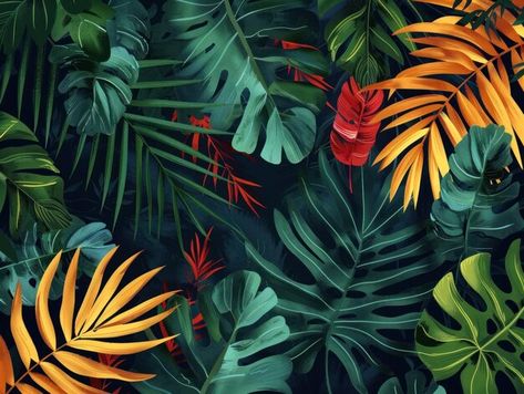 Mystical Jungle Exotic Leaves on Dark Background Wallpaper Tropical Leaf Background, 2023 Wallpapers, Dark Background Wallpaper, Jungle Pattern, Leaf Background, Tropical Leaf, Stationery Templates, Flyer Maker, Business Card Maker