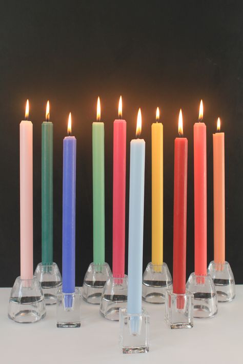 Candles For Dinner Table, Rainbow Taper Candles, Coloured Candles Wedding, Colourful Candles Wedding, Colourful Dinner Party, Queer Christmas, Candle Tablescapes, Coloured Pillar Candles, Rainbow Candles