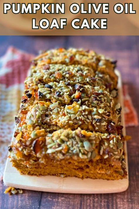 Pumpkin olive oil loaf cake on a wooden tray. Olive Oil Loaf Cake, Olive Oil Bread, Pumpkin Loaf, Leftover Cake, How To Make Pumpkin, Fall Flavors, Loaf Cake, Homemade Pumpkin, Pumpkin Cookies