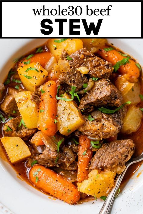 Paleo Beef Stew is chock full of tender beef, savory veggies, and hearty potatoes. Simmered low and slow in a rich, beefy broth, this perfectly warm and comforting one-pot meal is both gluten-free and Whole30 compliant. #paleobeefstew #paleostew #whole30stew Beef Stew Healthy Slow Cooker, Whole 30 Crockpot Beef Stew, Paleo Stew Beef Recipes, Whole 30 Beef Soup, Beef Stew Clean Eating, Healthy Beef Stew Crockpot Clean Eating, Whole 30 Comfort Meals, Paleo Meals For One, Paleo Beef Stew Instant Pot