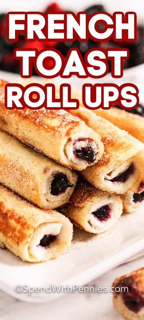 French Toast Rolls Ups are a breakfast favorite in my house! Made with your choice of filling and ready in 20 mins this is the perfect quick and easy breakfast. #spendwithpennies #frenchtoastrollups #frenchtoast #breakfast #snack #appetizer #makeahead #easybreakfastrecipe French Toast Rolls Recipe, Group Breakfast, Toast Roll Ups, 4h Ideas, Ww Breakfast, French Toast Roll Ups, Delicious French Toast, French Toast Rolls, School Breakfast