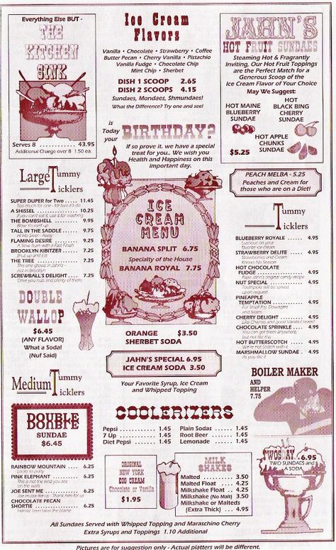 JAHNS Ice Cream Parlor Menu <>< wow, WAAAAAYYYY back... before the one in Lynbrook, I remember!! Ice Cream Coffee Shop, Old Fashion Ice Cream Shop, Retro Ice Cream Parlor, 50s Ice Cream Parlor, Victorian Ice Cream Parlor, Old School Ice Cream Shop, Vintage Ice Cream Shop, Old Fashion Ice Cream Parlor, 60s Ice Cream Parlor