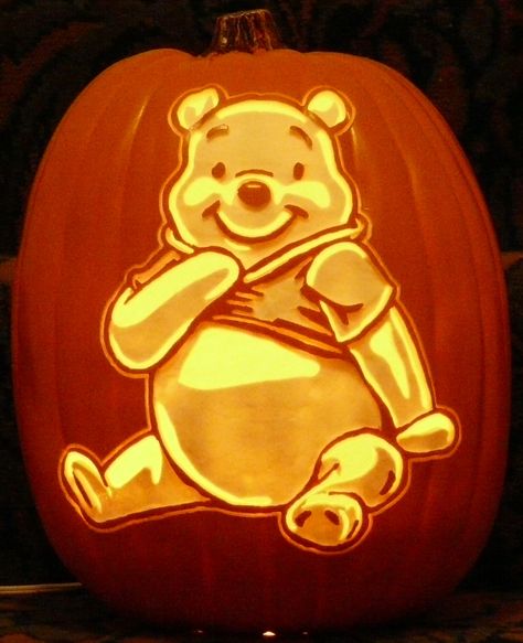 Here is Winnie the Pooh from a stoneykins.com pattern that I carved on a foam pumpkin- 2015 Winnie The Pooh Carved Pumpkin, Winnie The Pooh Pumpkin Stencil, Pumpkin Carving Ideas Winnie The Pooh, Winnie The Pooh Pumpkin Carving, Shrek Pumpkin Carving, Tangled Pumpkin Carving, Eeyore Pumpkin, Character Pumpkin Carving, Pumpkins Stencils