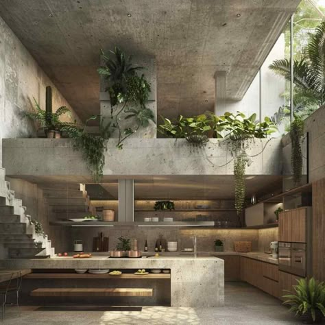 Industrial Tropical Interior Design, Brutalist Design Interior, Tropical Brutalism Architecture, Industrial Tropical Interior, Industrial Tropical House, Modern Concrete Interior Design, Brutalist Architecture House, Tropical Industrial House, Eco Brutalism Architecture