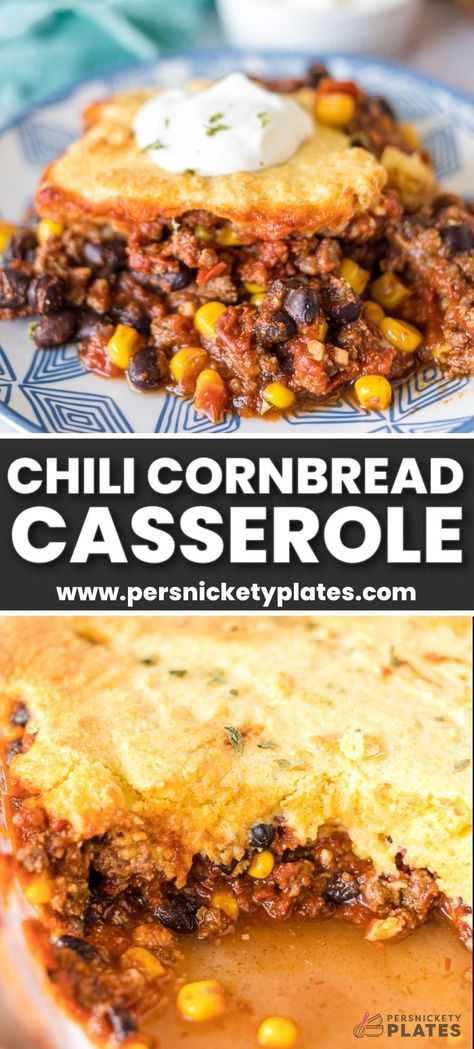 This chili cornbread casserole with Jiffy mix tastes like your mom’s chili but is topped with a layer of sweet and crispy cornbread. It’s the definition of Southern comfort food but super easy! Jiffy Cornbread Breakfast Casserole, Chili Cornbread Pie, Chilli Leftovers Ideas, Recipes Using Jiffy Cornbread Boxes, Cornbread Casserole Jiffy Ground Beef, Recipes With Jiffy Cornbread, Jiffy Cornbread Recipes Casseroles, Chilli Cornbread Casserole, Recipes With Cornbread