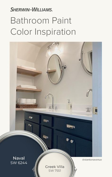 Give your bathroom a makeover with a fresh coat of Sherwin-Williams paint. Try using Naval SW 6244 and Greek Villa SW 7551 for a balanced, bold pairing. Love the colors @stantonavenue (on Instagram) chose? Tap this pin to order a free color chips. #SWColorLove #color #bathroom #paint #bluepaint #neutral #DIY #sherwinwilliams #bathroompaint #interiordesign Naval Sherwin Williams Bathroom, Sw Naval Paint Color Palettes, Greek Villa Bathroom, Naval Bathroom, Bathroom Paint Color Inspiration, Naval Sw 6244, Sherwin Williams Greek Villa, Sherwin Williams Naval, Bathroom Paint Color