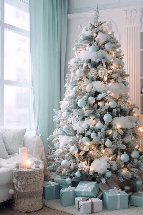 Winter Wonderland Christmas Tree Ideas, Turquoise And Silver Christmas Tree, Teal Christmas Tree Decorations, Turquoise Christmas Tree Ideas, Frosty Christmas Tree, Tiffany Blue Christmas, Tiffany Blue Christmas Tree, Turquoise And Grey Christmas Tree, Ice Blue Christmas Tree