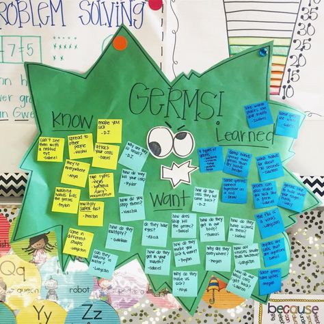 Kelsey Nelon on Instagram: “the cuties aren't afraid of no stinkin' cooties!!! we are germ cootie catchers!! 👾 we knew, we wondered, we learned. misconceptions and…” Germs Anchor Chart, Germ Preschool Activities, Germ Activities, Germs Preschool Activities, Germs Preschool, Germs Lessons, Germs Activities, Science Fair Projects Boards, Kwl Chart