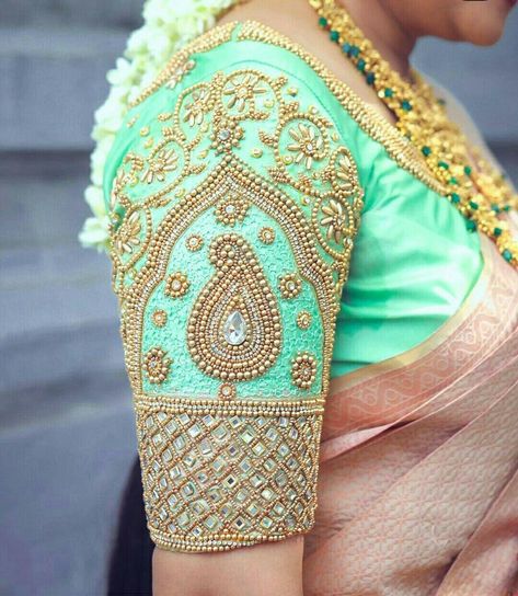 Heavy Bridal Aari Work Blouse Designs, Grand Aari Work Blouse Design, Work Blouse Designs Latest, Magam Work Designs, Green Blouse Designs, Pink Blouse Designs, Bride Saree, Blue Blouse Designs, Peacock Embroidery Designs