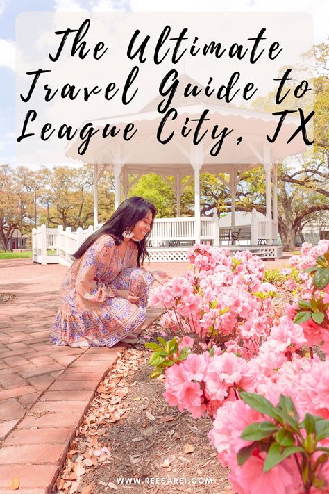 Girl with flowers in League City, TX sharing travel guide Houston Travel, League City Texas, Millennial Fashion, Activities Outdoor, Travel Texas, Texas Destinations, Boston Travel, Southern States, Los Angeles Travel