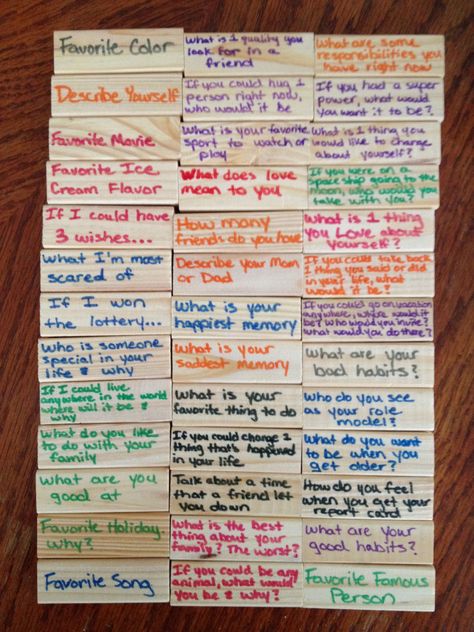 My very own conversation Jenga. Super easy to do! Group Counseling, Therapy Games, School Social Work, Therapeutic Activities, Counseling Activities, Child Therapy, Counseling Resources, Family Therapy, Play Therapy