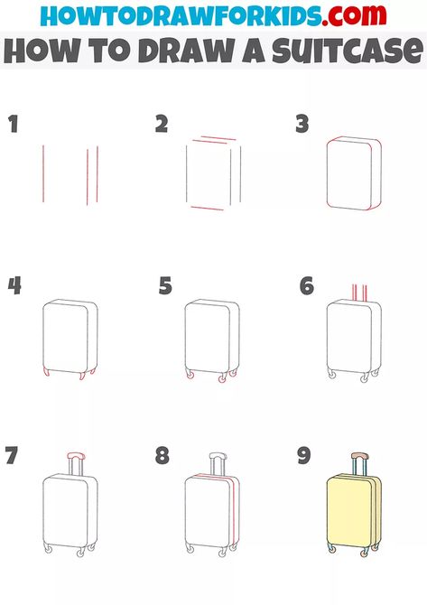 How to Draw a Suitcase - Easy Drawing Tutorial For Kids Suitcase Drawing Simple, Suitcases Drawing, Suitcase Doodle, Suitcase Drawing, Draw Objects, Travel Doodles, Bulletin Journal, Abstract Pencil Drawings, Cute Suitcases