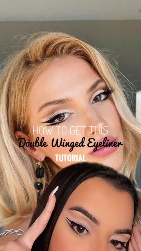 Double Wing Eyeliner Tutorial, Double Eyeliner Wing, Double Eyeliner Makeup, Double Liner Eye Makeup, Double Wing Liner, Fancy Eyeliner, Gala Makeup, Eyeliner Tricks, Double Winged Eyeliner