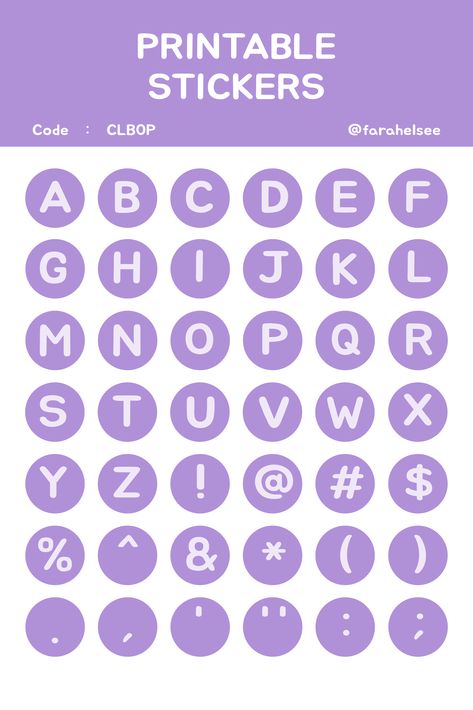 purple pastel alphabet letters printable stickers. code CLB0P by farahelsee Cute Letter Stickers, Pastel Letters Printable, Purple Journal Stickers Printable, Journal Letters Printable, Purple Cute Stickers, Purple Letters Alphabet, Alphabet Stickers Printable, Purple Letter Aesthetic, Letter Stickers Printable