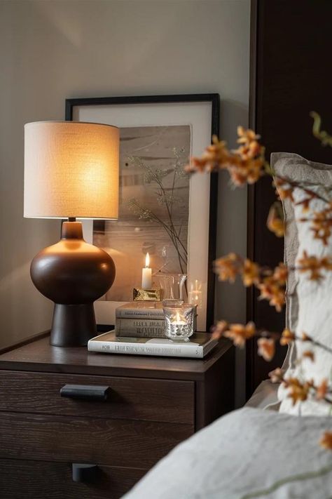 How To Style Your Nightstand: Functional And Chic Arrangement Mismatch Nightstands Bedroom, His And Hers Nightstand Styling, Art Behind Nightstand, Nightstand Aesthetic Decor, Styling Nightstands, Above Nightstand Decor, Nightstand Styling Ideas, Bedroom Nightstand Decor Ideas, Nightstand Decor Ideas