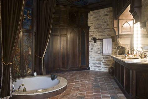 Photo gallery and virtual visit of the montbrun castle for sale Black Walls Bedroom, Bathroom Stone, Gothic Bathroom, Beautiful Bathroom Decor, Gothic Interior, Big Mirror, Stone Walls, Wood Molding, Dream Bathrooms