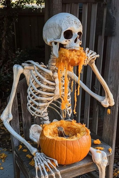 Pumpkin Front Yard Decor, Skeleton And Pumpkin Decor, Diy Halloween Front Yard, Halloween Yard Scenes, Pumpkin Graveyard Decor, Haloween Decoracion Yard, Halloween Decorations Outdoor Skeleton, Front Porch Skeleton Decor, Haunted Pumpkin Patch Yard