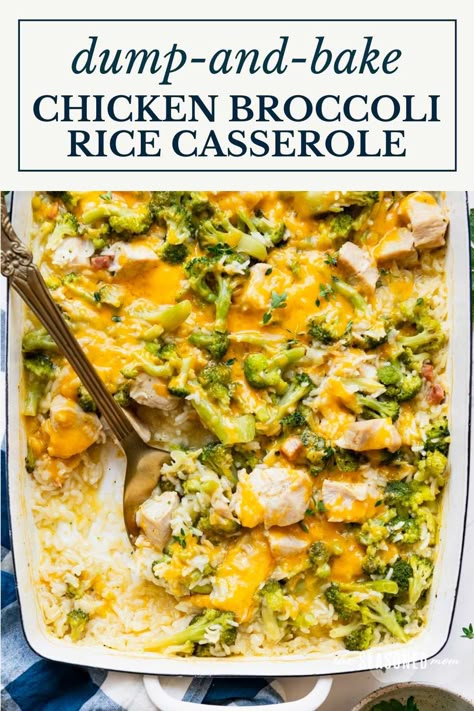 With about 10 minutes of prep, this dump-and-bake chicken broccoli rice casserole is an easy dinner that cooks in one dish! There's no need to pre-cook the rice, pre-cook the chicken, or sauté the veggies, so the comfort food meal is an ideal option to pop in the oven for busy nights. Chicken Broccoli Rice Cheese Casserole, Dump And Bake Chicken, Chicken Rice Bake, Dump And Bake, Broccoli Recipes Casserole, Chicken Broccoli Rice Casserole, Chicken Broccoli Rice, Easy Chicken And Rice, Cooked Chicken Recipes