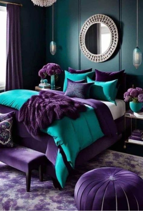 Emerald Green And Dark Purple Bedroom, Bedroom Peacock Colors, Purple Living Room Ideas Color Schemes, Peacock Inspired Bedroom, Peacock Bedroom Ideas, Turquoise And Purple Bedroom, Blue And Purple Bedroom, Purple Themed Bedroom, Purple Bedroom Ideas