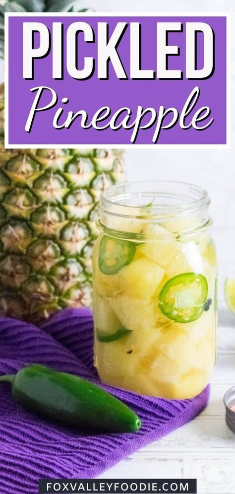 The exciting flavor of pickled pineapple is sure to wake up your taste buds! Each juicy bite is sweet, and tangy, with a subtle kick. Whether you're craving a new fresh snack or the most exciting condiment you ever dressed up a taco with, this pickled pineapple recipe is a must-try! Spicy Pickled Pineapple, Pineapple Core Uses, Pineapple Canning Recipes, Pickled Pineapple Recipe, What To Do With Fresh Pineapple, Frog Balls Pickle Recipe, Pickled Frog Balls, Candied Pickles Recipe, Ball Pickle Recipe