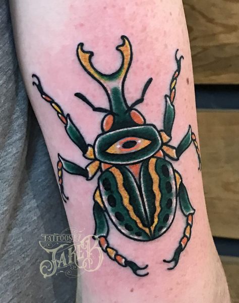 Green Goliath Beetle Jordan Tattoo, Fake Skin Tattoo, Goliath Beetle, Traditional Tattoo Flash Art, Beetle Tattoo, Tattoo Catalog, Nerdy Tattoos, Green Tattoos, Traditional Tattoo Inspiration