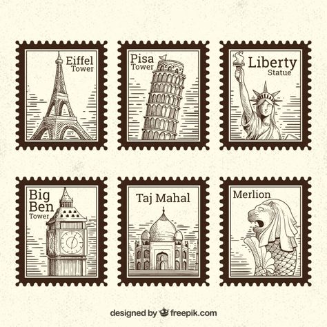 Set of landmark stamps with different cities in hand drawn style Free Vector طوابع بريد, Penanda Buku, Different Cities, Postage Stamp Design, Album Journal, طابع بريدي, Travel Stamp, Scrapbook Stickers Printable, Scrapbook Printables