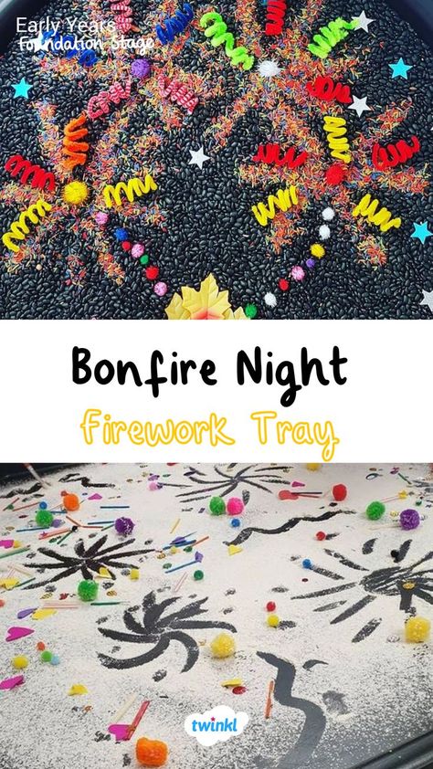 Create fun bonfire night activities for kids. Let them explore a sensory tray or create their own firework patterns. Bonfire night crafts for kids. Fireworks Eyfs Bonfire Night, Bonfire Night Tuff Tray Eyfs, Bonfire Night Crafts Eyfs, Fireworks Messy Play, Bonfire Night Sensory Play, Bonfire Activities For Toddlers, Fireworks Activities Eyfs, Eyfs Bonfire Night, Bonfire Night Early Years