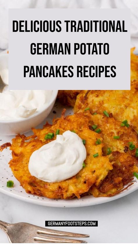 Delicious traditional German potato pancakes topped with sour cream on a plate. German Potato Pancakes Authentic, German Christmas Recipes, German Cakes Recipes, Best German Food, Traditional German Christmas, German Breakfast, Cheese Patties, German Potato Pancakes, German Christmas Food