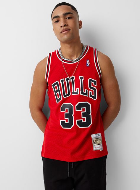 Mitchell and Ness - Pippen 33 basketball tank Mitchell and Ness Mitchell and Ness at Djab. Chicago Bulls # 33: Scottie Pippen, Basketball Hall of Fame inductee and member of the l egendary Jordan-Rodman-Pippen Big Three. Perforated fabric. Ribbed striped edging Side vents The size of the item pictured is medium | Men's Pippen 33 Basketball Tank Top in Red, Size Medium Bulls Jersey Outfit Men, 00s Party, Basketball Hall Of Fame, Bulls Jersey, Nba Bulls, Basketball Tank Tops, Scottie Pippen, Big Three, Jersey Outfit