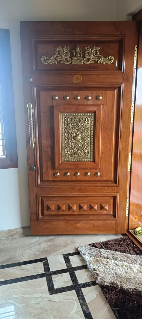 Room Main Door Design, South Indian Main Door Design, Door Design Indian, Wooden Temple For Home, Pooja Door, Pooja Door Design, House Main Door, Wooden Work, House Main Door Design