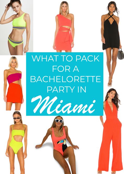 The ultimate Miami outfits for a girls weekend or bachelorette party! The cutest poolside swimwear and going out dresses & jumpsuits for that Miami heat! Miami Outfits Bachelorette Party, Miami Outfits Bachelorette, Bachelorette Miami Ideas, Florida Bachelorette Party Outfits, Miami Theme Party Outfits, Bright Color Bachelorette Party Outfits, Miami Bachelorette Outfits, Miami Vice Bachelorette Party, Miami Pool Party Outfit