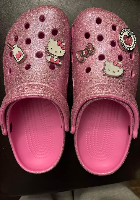 Crocs Sparkly, Pink Sparkle Crocs, Pink Sparkly Crocs, Pink Glitter Crocs, Pink Crocs, Crocs Fashion, Jordan Shoes Retro, Pink Hello Kitty, Pretty Shoes Sneakers