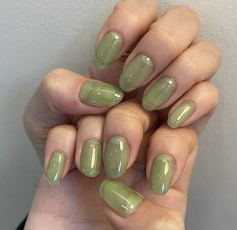 Olive Jelly Nails, Green Nails Natural Nail, Jade Green Nails Short, Sheer Green Nails, Green Nails Jelly, Green Earthy Nails, Green Jelly Nails, Green Jelly Nail, Classy Nail Art Ideas