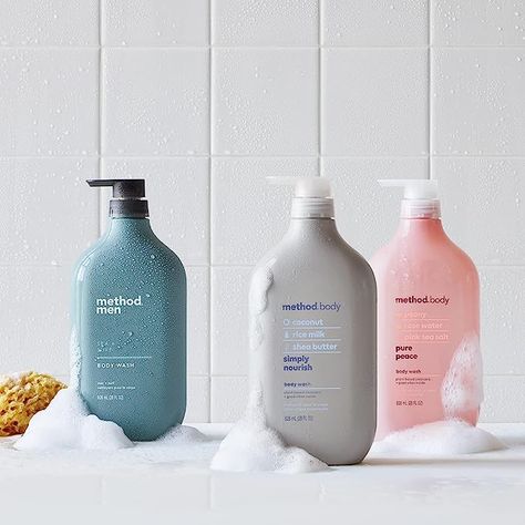 Contains (1) 28 ounce bottle of gel liquid body soap.
Infused with peony, rose water + pink sea salt.
Biodegradable formula made with plant-based cleansers.
Made with no parabens, no phthalates, no bad vibes.
Leaves skin feeling moisturized + smelling scent-sational.
Bottle (minus pump) made of 80% recycled plastic (PCR).
Cruelty free. Tested by people, not on animals. Method Body Wash, Body Wash Packaging, Mens Body Wash, Pink Sea Salt, Rice Milk, Grooming Routine, Glowing Makeup, Soap Packaging, Shower Routine