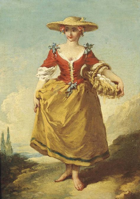 François Boucher (Paris 1703-1770) A peasant girl in a landscape carrying a basket of eggs. Property of Jean-Baptiste Lemoyne, sculptor and Rector of the Académie des Beaux-Arts (1704-1778). 12 ¾ x 9 1/8 in. 18th Century Peasant Dress, 18th Century Peasant, 1750s Fashion, Basket Of Eggs, Francois Boucher, 18th Century Dress, 18th Century Paintings, 18th Century Costume, 18th Century Clothing