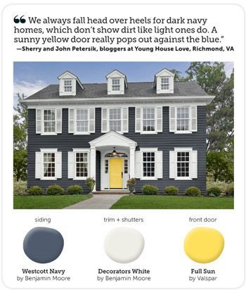 Color scheme for the front of the house (i.e. navy blue for the shutters, to go with the front door and trim, which are yellow and white, and the blue won't clash with the red brick). #Yellow Navy Blue House With Yellow Door, Shutters On Blue House, Blue House Exterior With Shutters, Blue House With Shutters, Westcott Navy Benjamin Moore, Blue House Yellow Front Door, Wescott Navy, House With White Shutters, Blue House Yellow Door