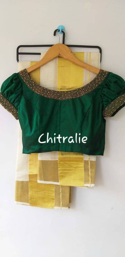 Set Mundu Blouse Design, Set Saree Blouse Designs Kerala, Bottle Green Blouse, Short Sleeve Blouse Design, Kerala Saree Blouse, Green Blouse Designs, Kerala Saree Blouse Designs, Dark Green Blouse, Crop Top Lehenga