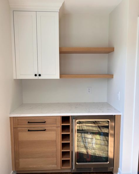 Cabinet With Beverage Fridge, Mini Bar With Sink And Fridge, Tiny Built In Bar, Dry Bar Cabinet With Fridge, Bar Family Room Ideas, L Shaped Dry Bar Ideas, Basement Built Ins With Mini Fridge, Dry Bar Kitchen Ideas, Laundry And Bar Combo